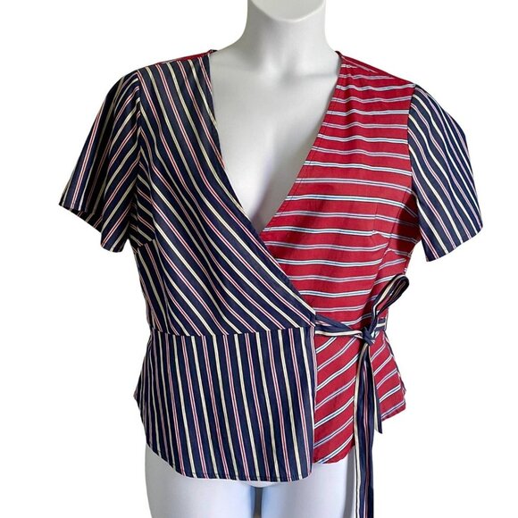 BCBGeneration Mixed Striped Cotton Wrap Top Women's Large Red Blue NEW NWT - Picture 2 of 9
